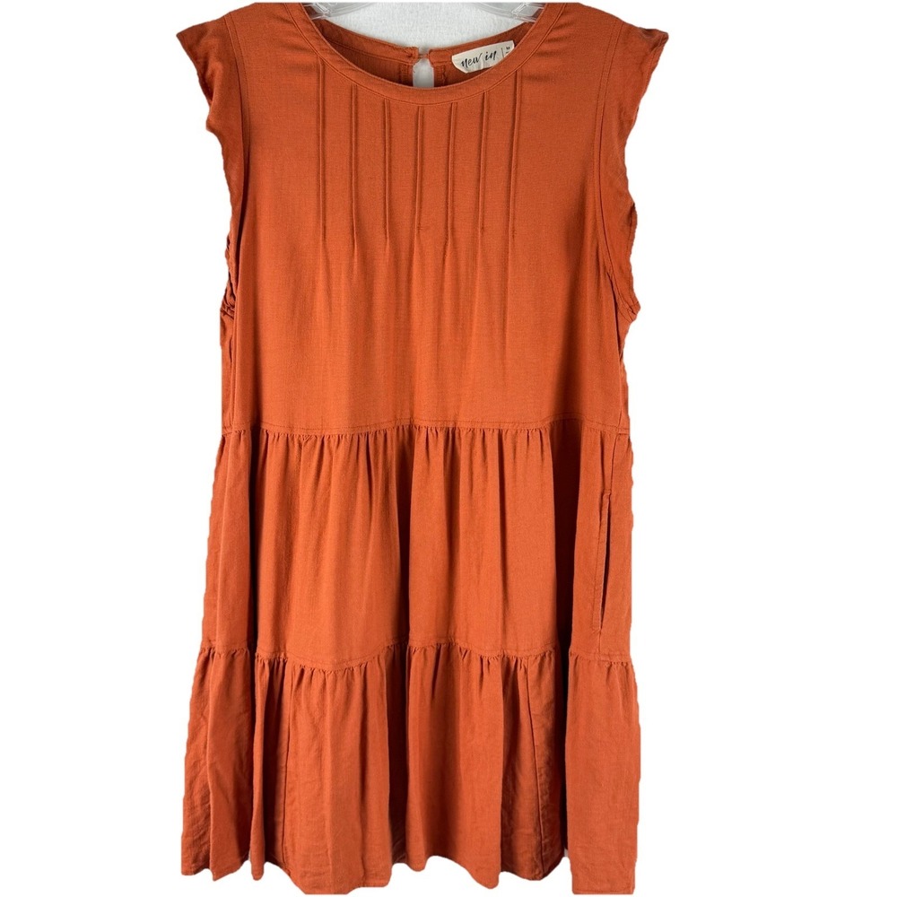 Linen Blend Tiered Dress Womens Sz M Ruffle Cap Sleeves Cottagecore Boho Coastal